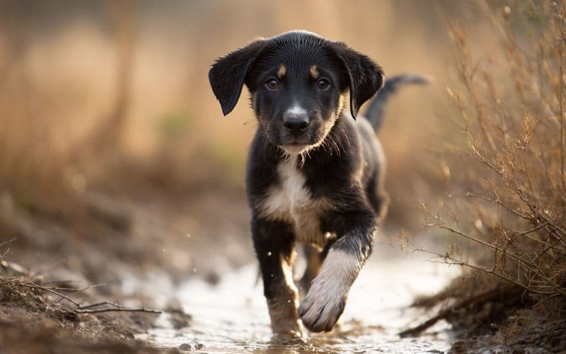 Puppy is developing coordination on a novel surface - a puddle.